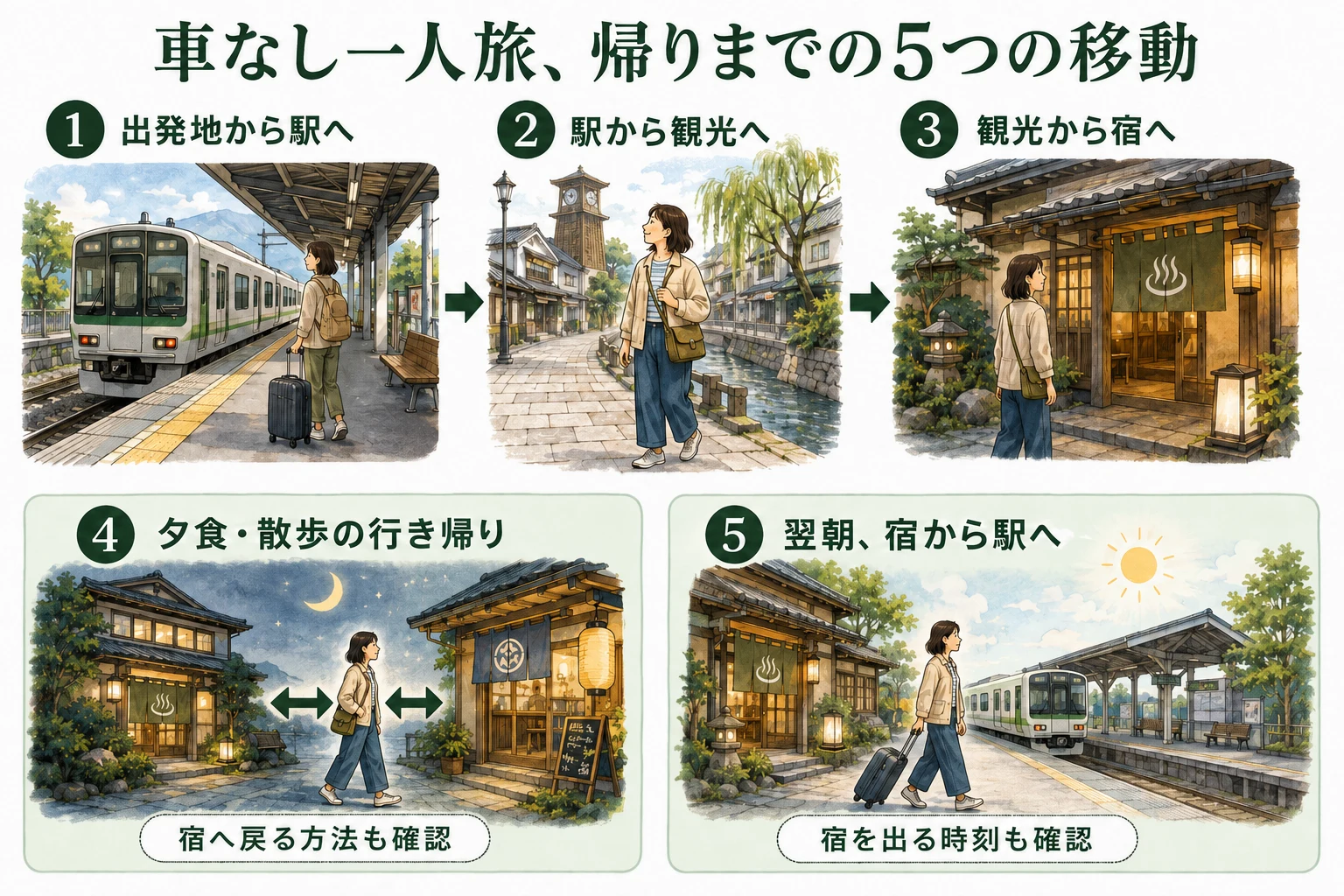 出発地から駅、観光、宿、夕食の往復、翌朝の駅までを示す5つの移動の図