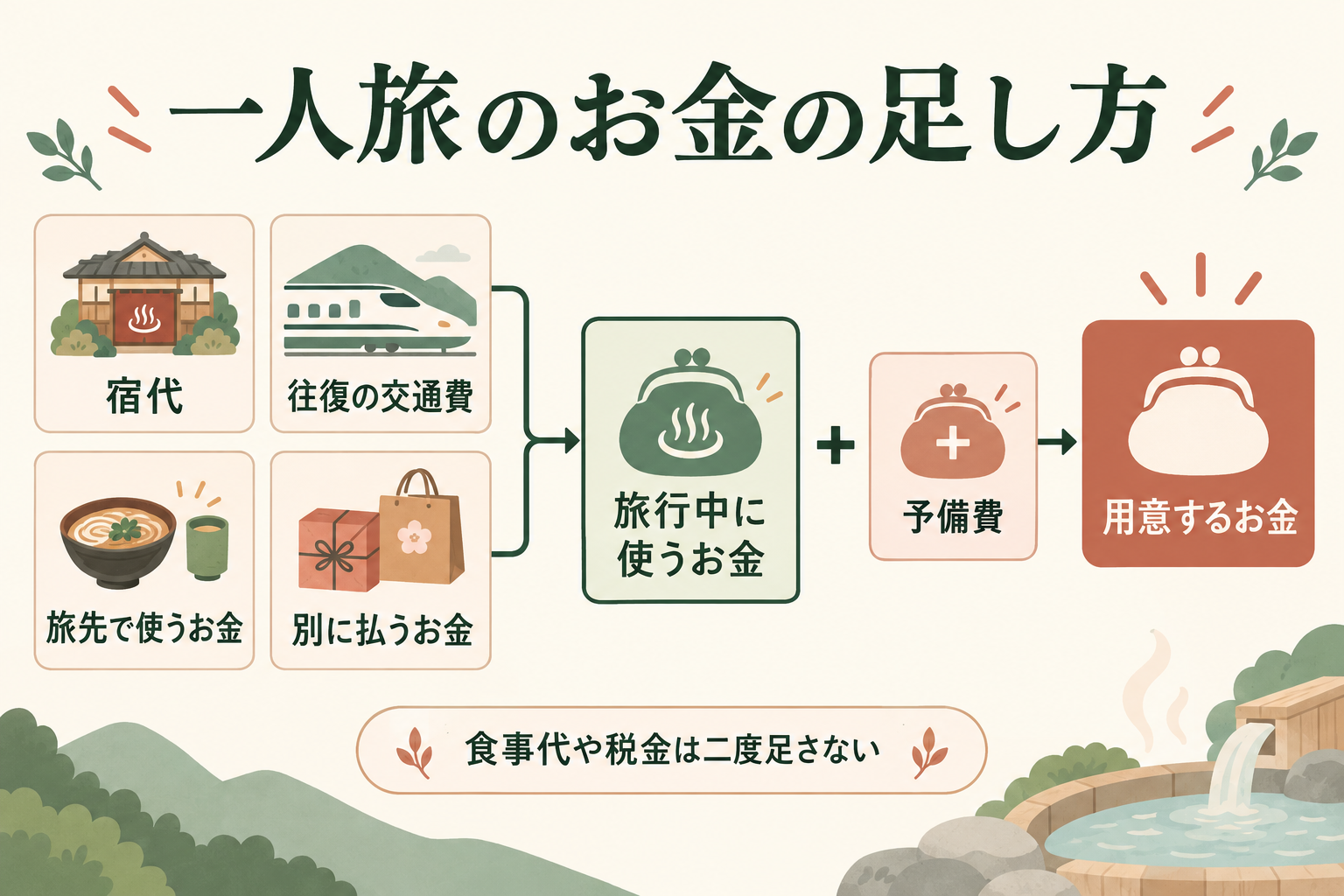 宿代・往復の交通費・旅先で使うお金・別に払うお金を旅行中の支出にまとめ、予備費を足して用意するお金を出す図。食事代や税金を二度足さないよう注意書きがある。